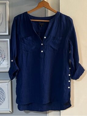 Talbots Women’s Size M Navy Linen Popover Tunic Blouse Roll Tab Button-Accent